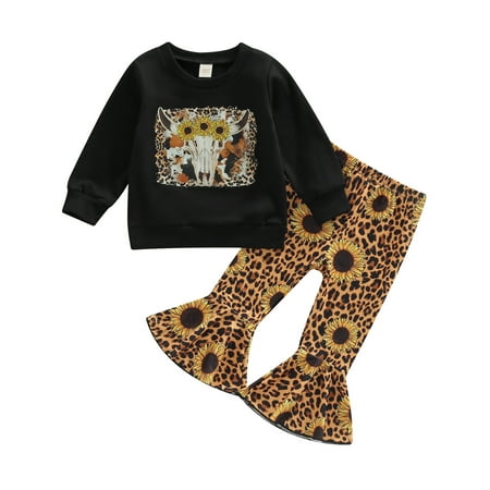 

Toddler Baby Girl Halloween Clothes Hello Pumpkin Letter Print Sweatshirt Top Leopard Flare Pants Outfits Set