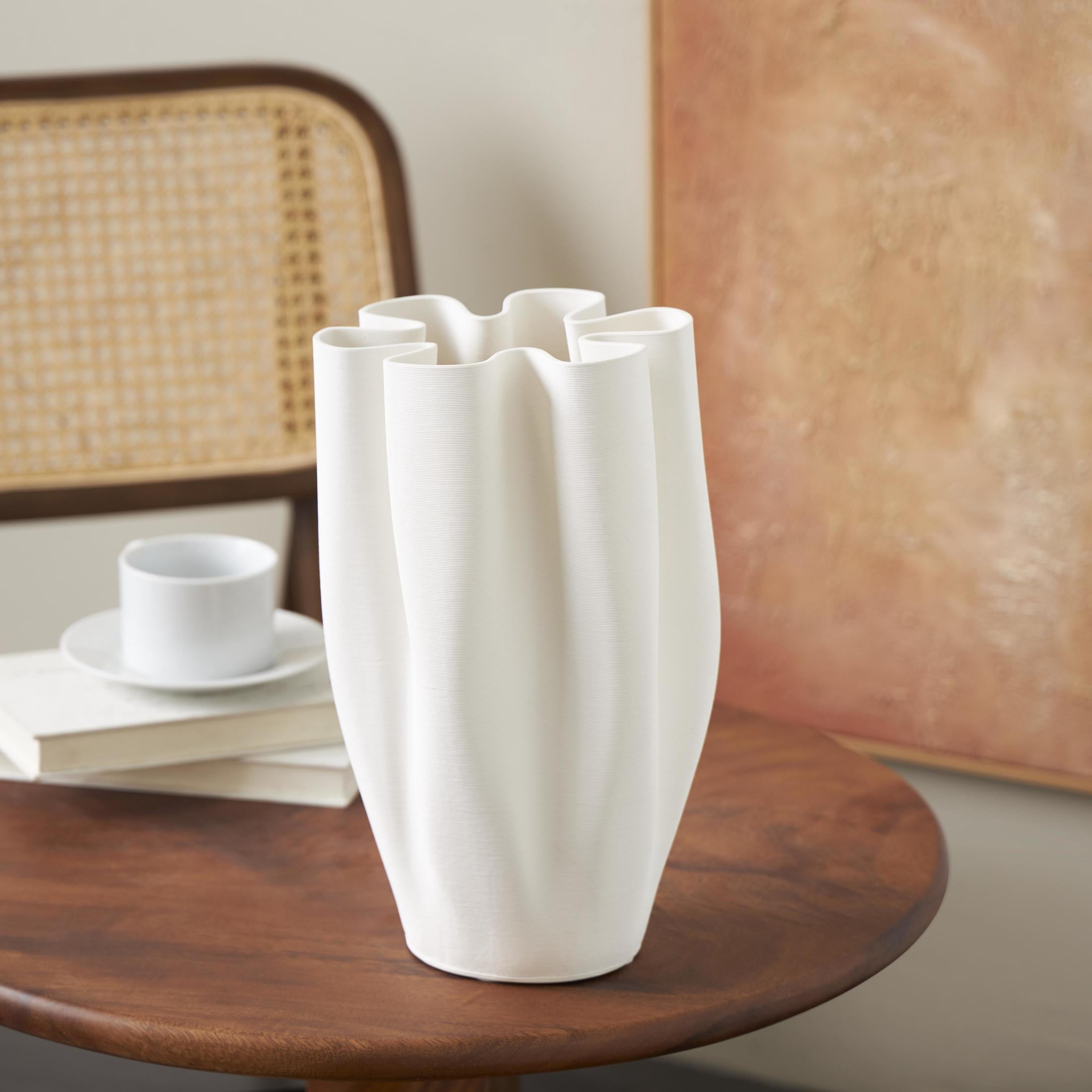 DecMode 13" Abstract Ribbed Dimensional Folded White Ceramic Vase with Floral Shaped Rim