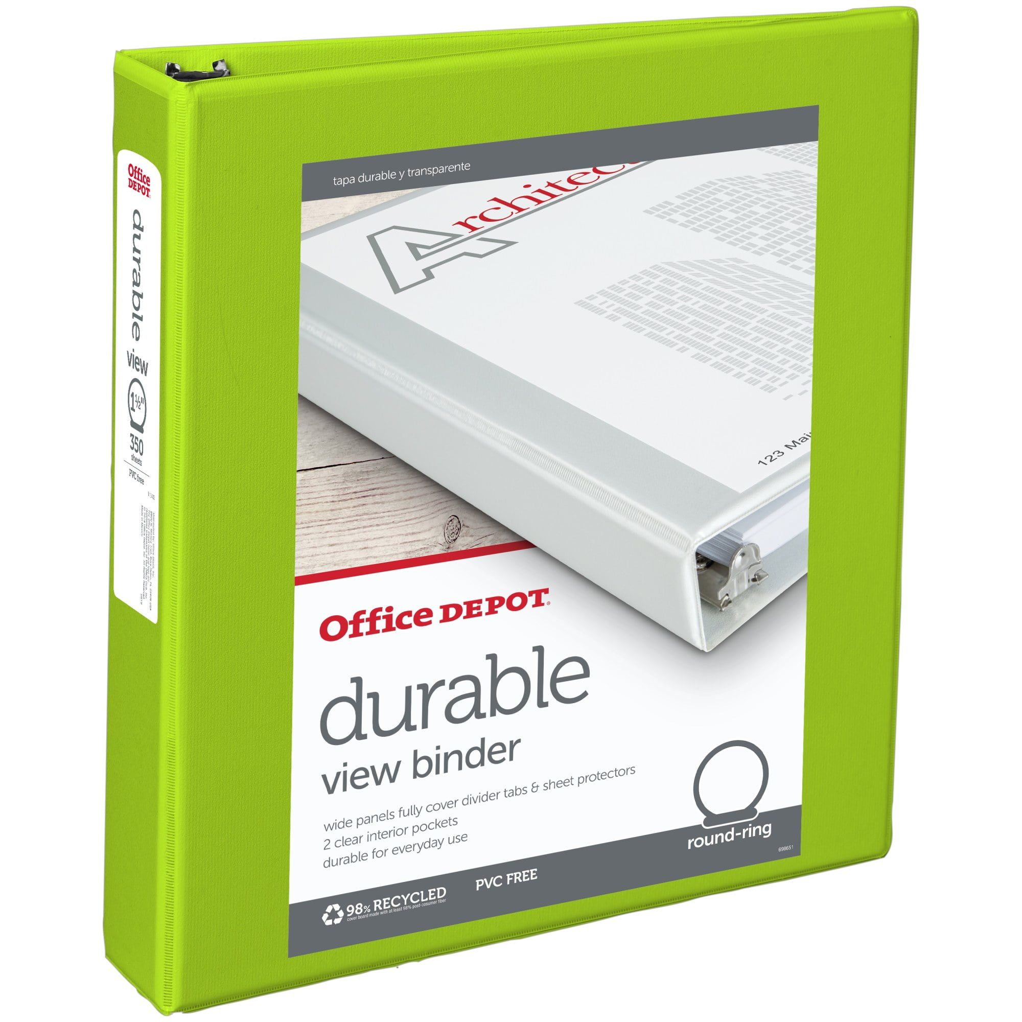 Office Depot Nonstick Round-Ring View Binder, 1 1/2in. Rings, 100% Recycled, Green, OD03319