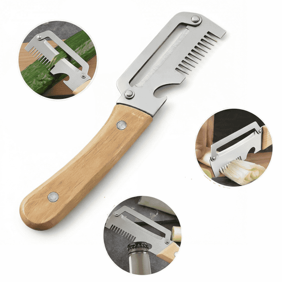 Vecktodisy Vegetable & Fruit Peeler, Multifunctional Stainless Steel Julienne Slicer with Bottle Opener, Ergonomic Wooden Handle for Kitchen