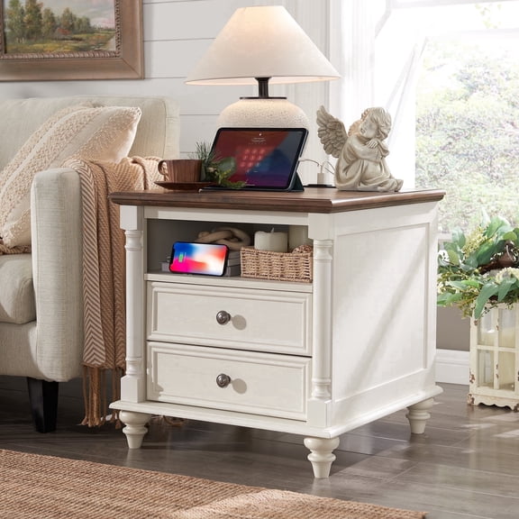 OKD Farmhouse Nightstand, 3 Drawer Wood Side Table with Charging Station for Bedroom, Living Room - Antique White