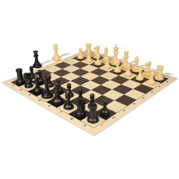 Conqueror Plastic Chess Set - Black & Camel Pieces with Rollup Board - Black