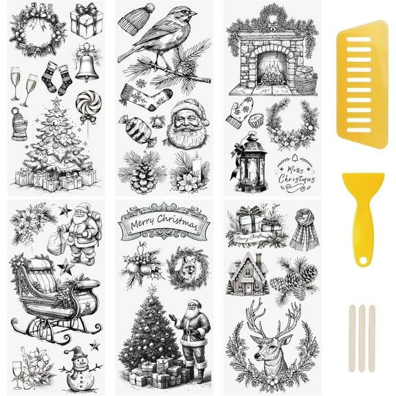 6 Sheets Rub On Transfer Sticker, Black&White Theme Christmas Decal for DIY Scrapbooking Photo Albums Furniture,15 * 30cm