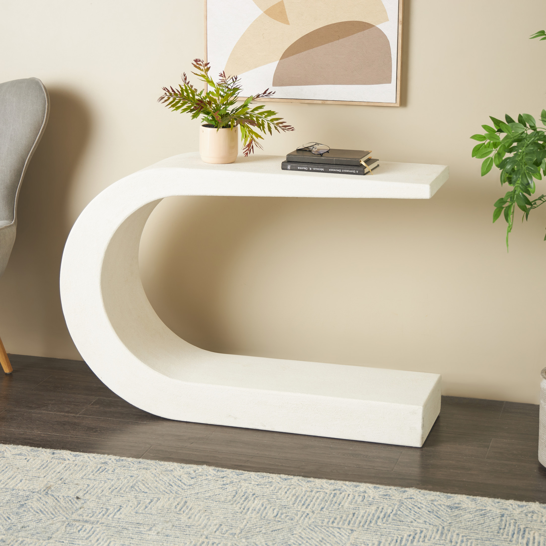 DecMode 44" x 25" White Wooden C-Shaped Console Table, 1-Piece