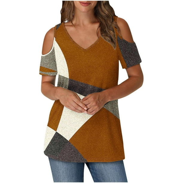 Tops de Algodón para las Mujeres Color Bloqueado Impreso Manga Corta Cuello en V Fuera Del Hombro, Top de Moda para Diario
