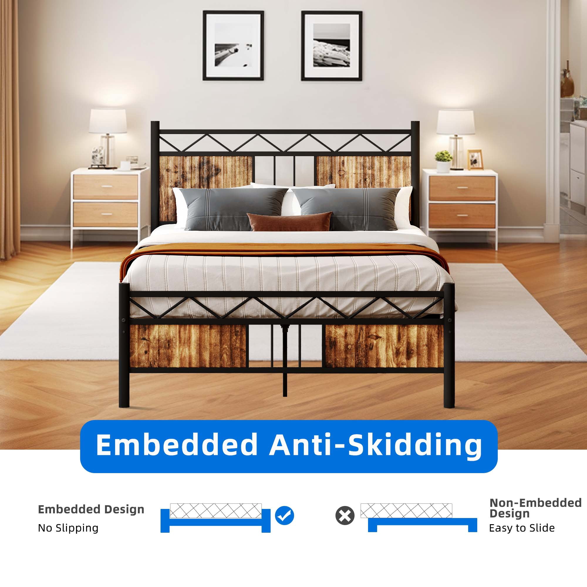 DEXTRUS Industrial Full Size Platform Metal Bed Frame with Headboard & Soundproof, Black and Brown