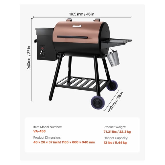 Wood Pellet Grill Smoker, 8-in-1 BBQ Grill for Outdoor Cooking, 456 sq in, Digital Controller, Meat Probe, 500°F, Black