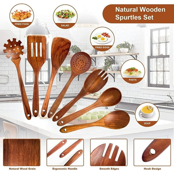 7PCS Wooden Spoons  for Cooking Wooden  Cooking Utensil Set with 2 Hanger Hooks  Heat Resistant  Comfortable Grip Kitchen Utensils Set BPA Free （Brown）