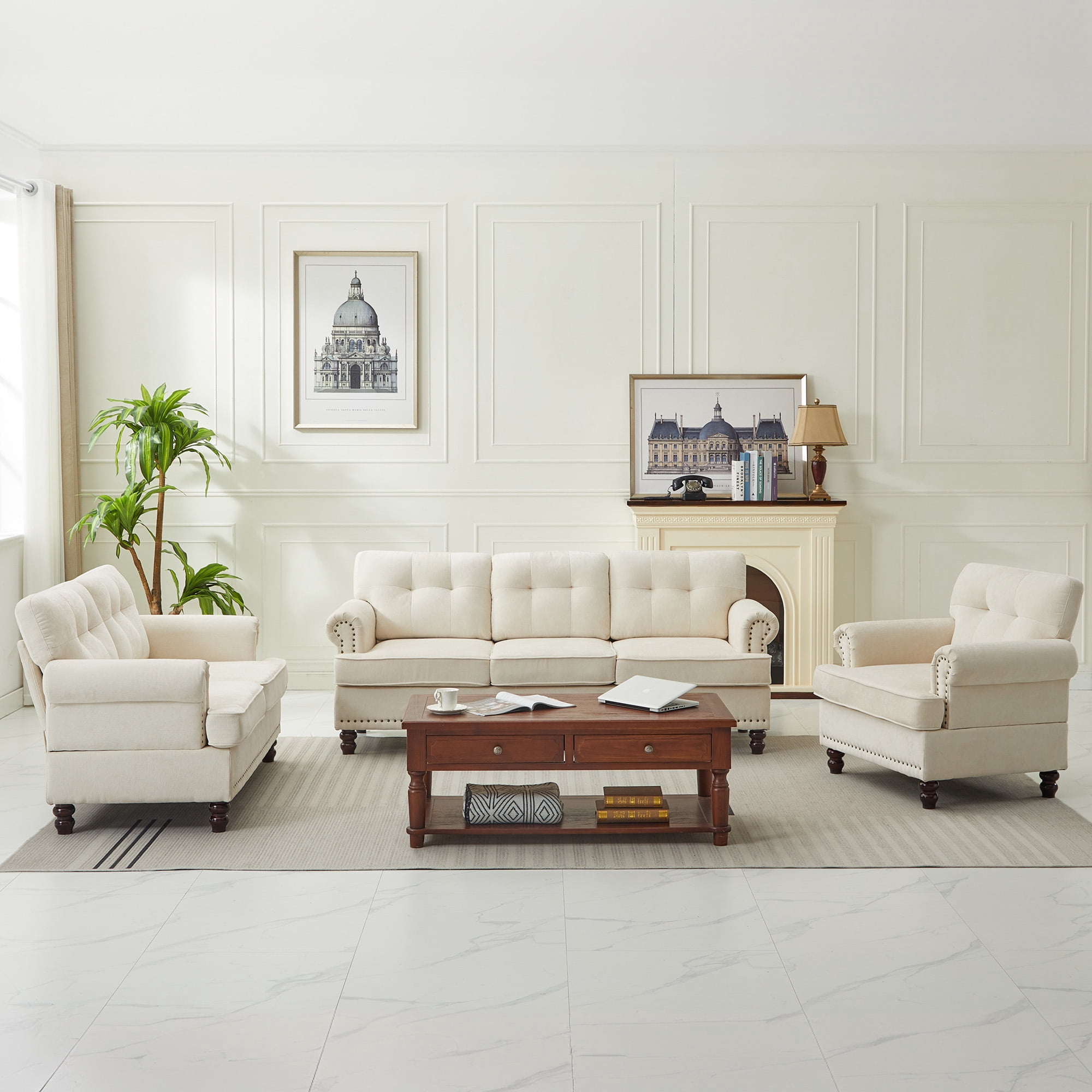 JUSTLET 3 Piece Living Room Sofa Set, Chenille Upholstered Sectional Sofa Couch with Nailhead Trim, Including 3-Seater Sofa, Loveseat and Single Sofa Chair for Apartment Living Room, Beige