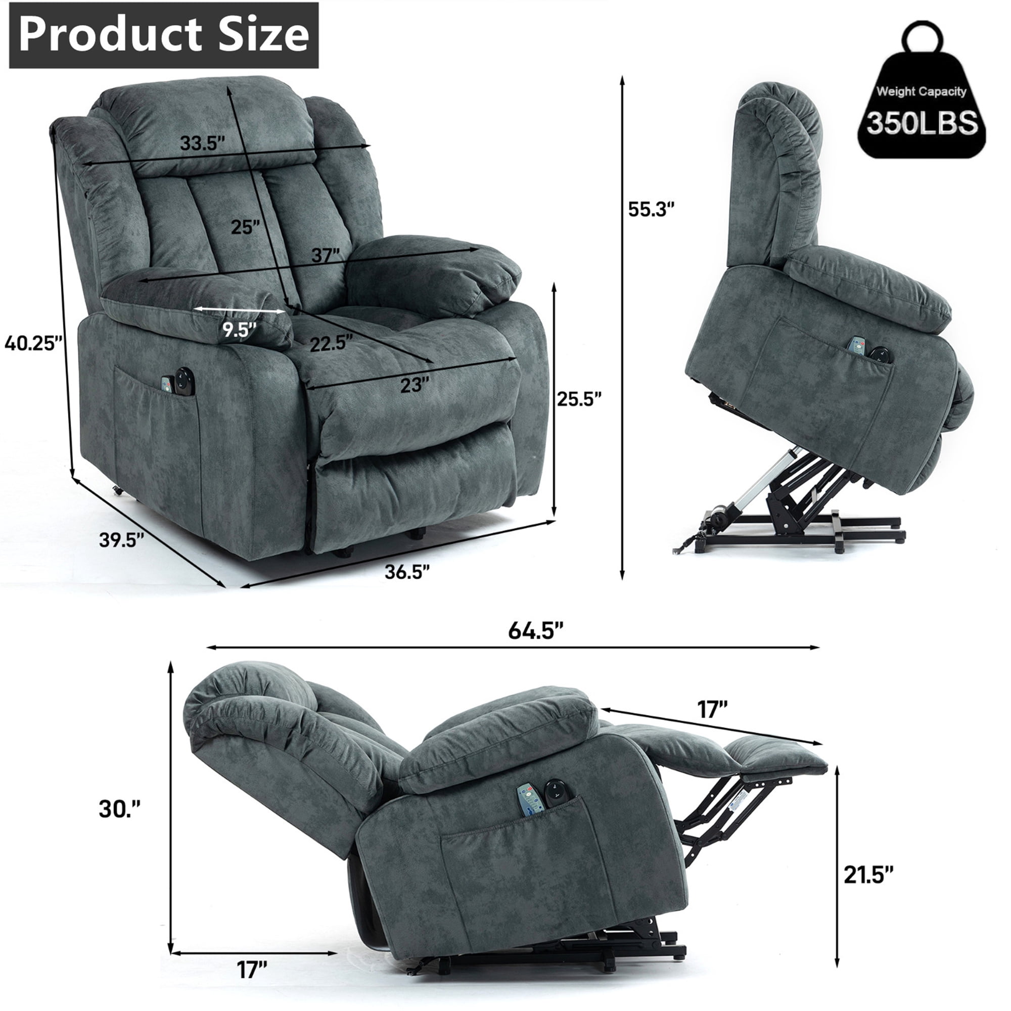 Aukfa Power Lift Recliner with Massage&Heat for Elderly, 23" Deep Seat Armchair, Infinite Position, Gray