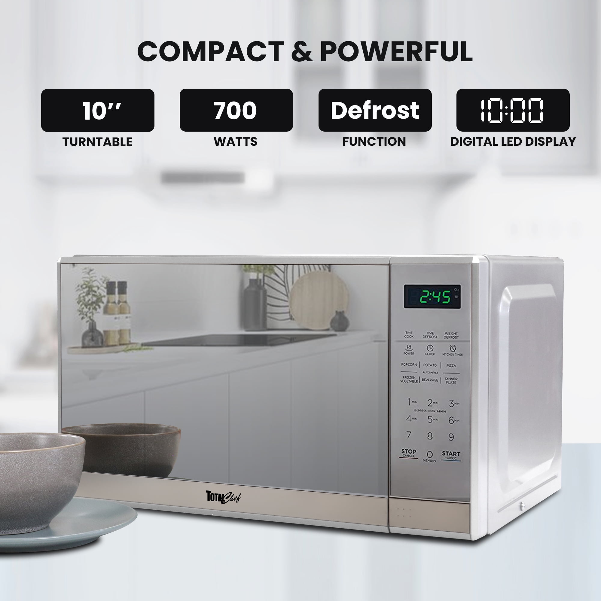 Total Chef Compact Countertop Microwave Oven, 700W, 0.7 Cubic Feet Capacity, Digital Touchscreen Controls, 6 Pre-Set Cooking Modes, Silver Stainless Steel