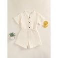 thumbnail image 5 of BemeyourBBs Toddler Baby Boy Summer Clothes 2 Pieces Cotton Linen Outfit Solid Color Mock Neck Short Sleeve Button Down Shirt and Shorts Set, 5 of 9