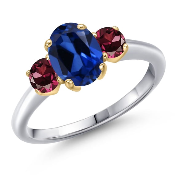Gem Stone King 925 Silver and 10K Yellow Gold Blue Created Sapphire and Red Rhodolite Garnet Engagement Ring for Women | 2.34 Cttw | Oval 8X6MM | Gemstone September Birthstone | Size 9