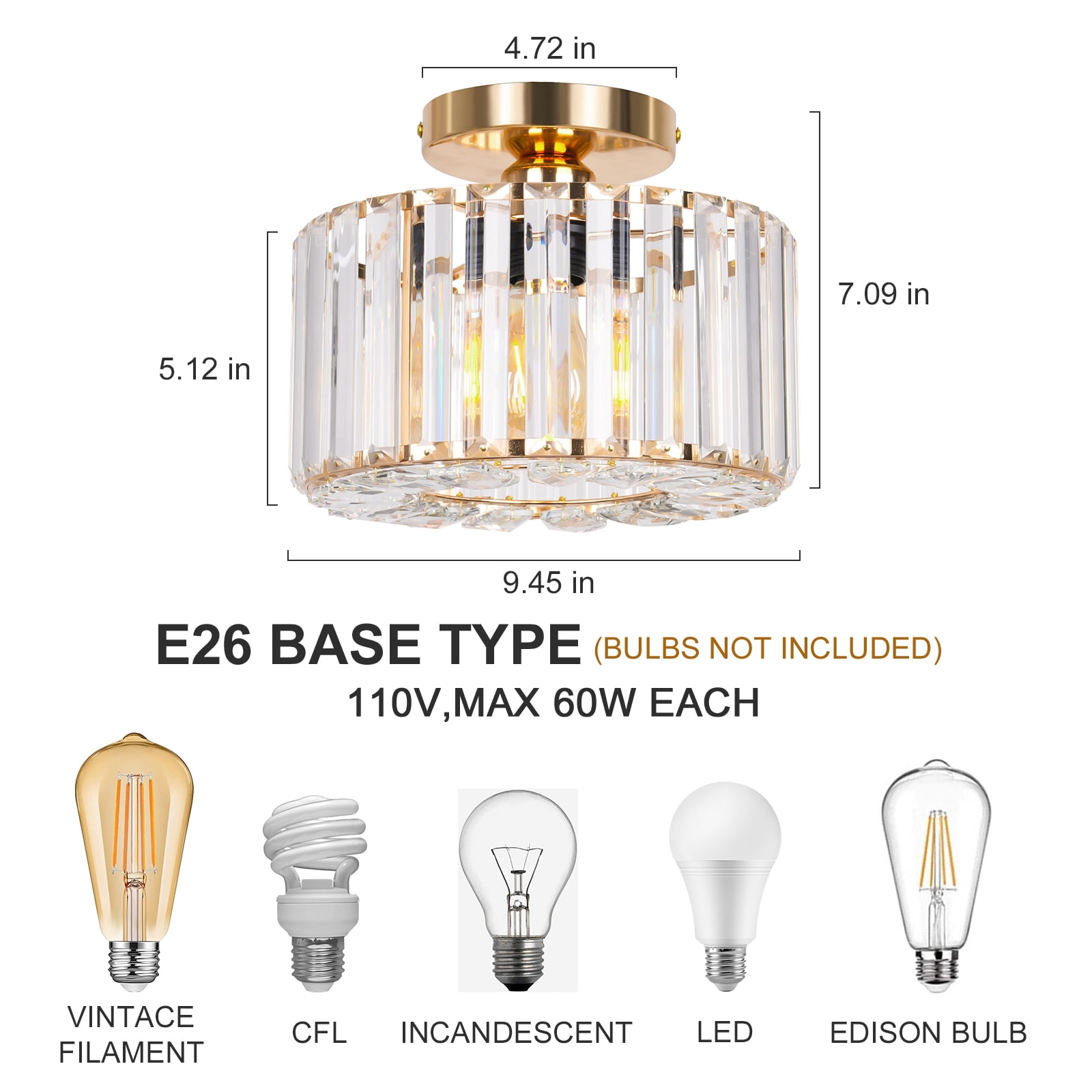 FRIDEKO HOME 9" Crystal Semi Flush Mount Ceiling Light, E26 Base, Modern Gold Small Ceiling Light Fixture for Hallway、Kitchen、Entryway、Bedroom、Bathroom (Bulb not Included)