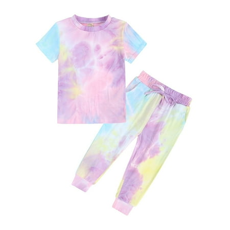 

Hunpta Kids Toddler Boy Girls Clothes Sports Casual Tie Dye Prints Short Sleeves T Shirt Elastic Waist Pants Set Outfit