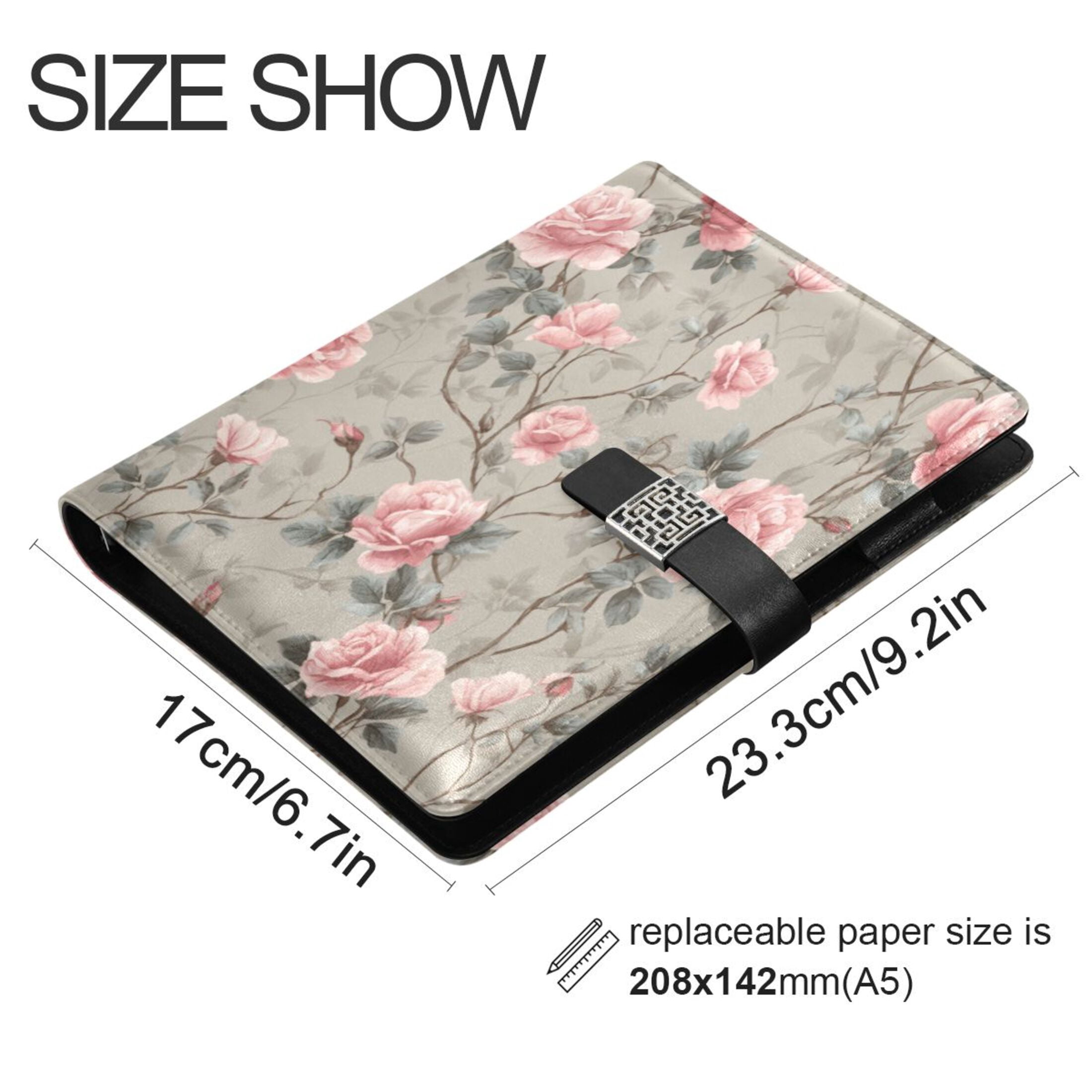 Leather Planner Leather Notebook Notebook Journal Binder Design Pen Pocket Design Convenient for Storage Pale Pink Rose Pattern Art