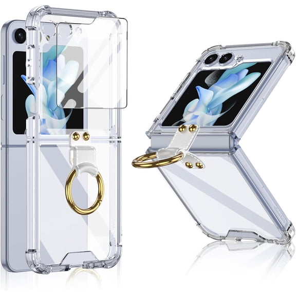 for Samsung Galaxy Z Flip 5 Case with Ring Stand, 1 Front Screen Protector, Crystal Clear Slim Fit, Soft TPU Bumper Shockproof Protective Phone Case for Women Girls Boys(Clear)