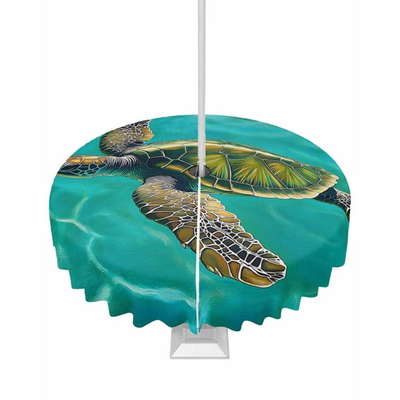 Fsddascl Teal Sea Turtle Coastal Outdoor Tablecloth - 54 Inch Round Dining Table Cover, Nautical Summer Ocean Beach Waterproof Outdoor Table Cloth with Umbrella Hole & Zipper for Picnic/Patio/Party