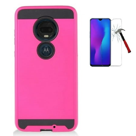 Phone Case for Motorola Moto G7 / Moto G7 Plus, Slim Metallic Brushed Design Shockproof Protective Cover Case + Tempered Glass Screen Protector (Hot Pink)