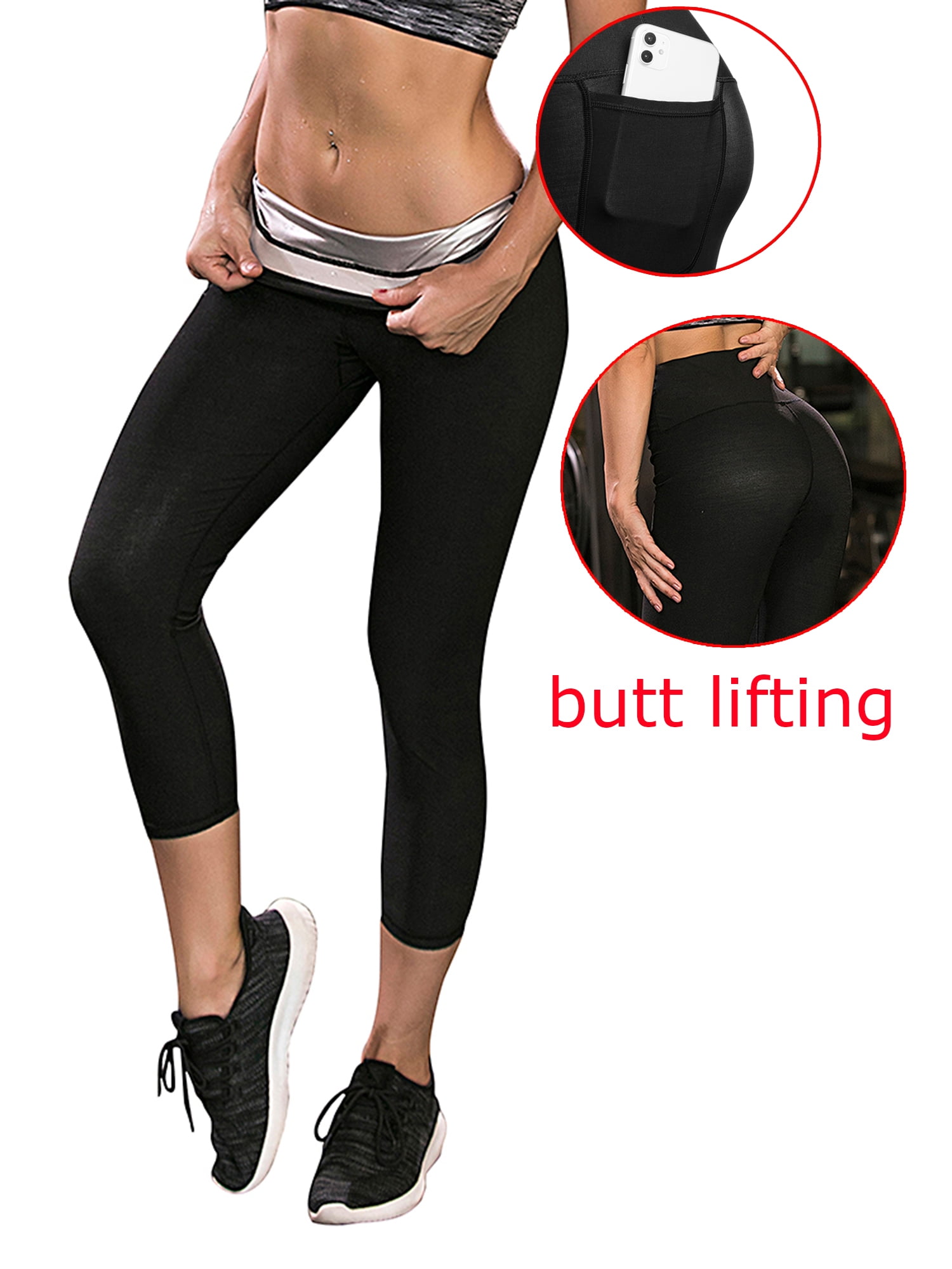 Women Sauna Weight Loss Sweat Pants Neoprene Slimming Workout Capri High Waist Trainer Leggings with Pocket Hot Fat Burning 