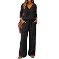 thumbnail image 2 of Lekode Womens Linen Set Fashion Outfits Loose Lounge Sets Wide Leg Pants Gauze Capri Set Linen Loungewear Sets Roll-up Sleeve Top Linen Pants Set Casual Loungewear Vintage Style Boho Black L, 2 of 7