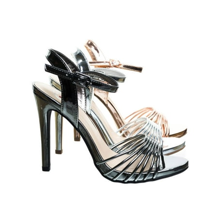 Evening High Heels - Telling by Delicious, Metallic High Heel Dress Sandal w Cage Strap. Women Evening Party Shoe