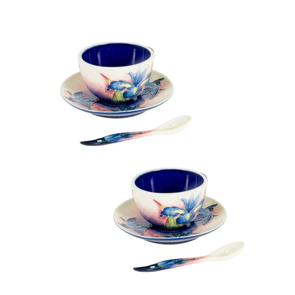 Art Glass Designs Set of 2 Iris Floral Hand Painted Porcelain Cup and Saucers 5"