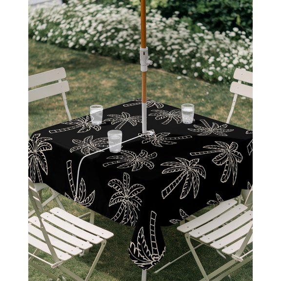 Outdoor Tablecloth with Umbrella Hole, Summer Tropical Palm Trees Zippered Table Cloth for Rectangle Tables, Black Background Washable Waterproof Tablecloths for Picnic Patio Garden