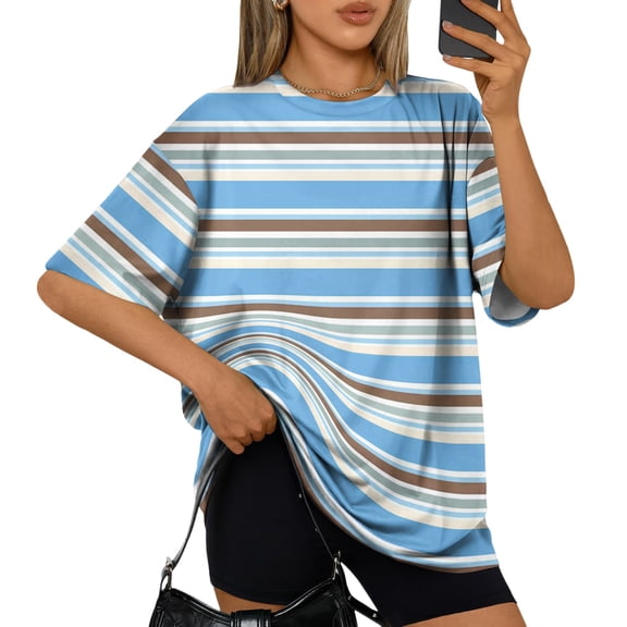 Garbnen Striped Oversize Tshirt Women Plus Size Crew Neck Women's Short Sleeve Shirts Loose Fit Color Block Lightweight Dressy Women Tunic Tops Blue S