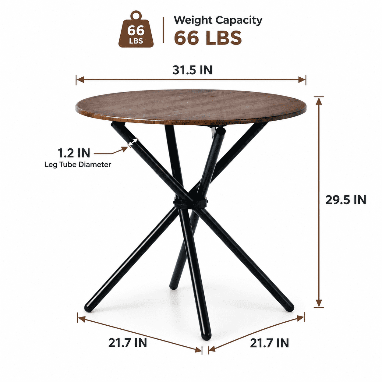 Homy Casa 31.5 in Round Dining Table for 2-4, Small Space Kitchen Table with Metal Legs, Espresso Brown
