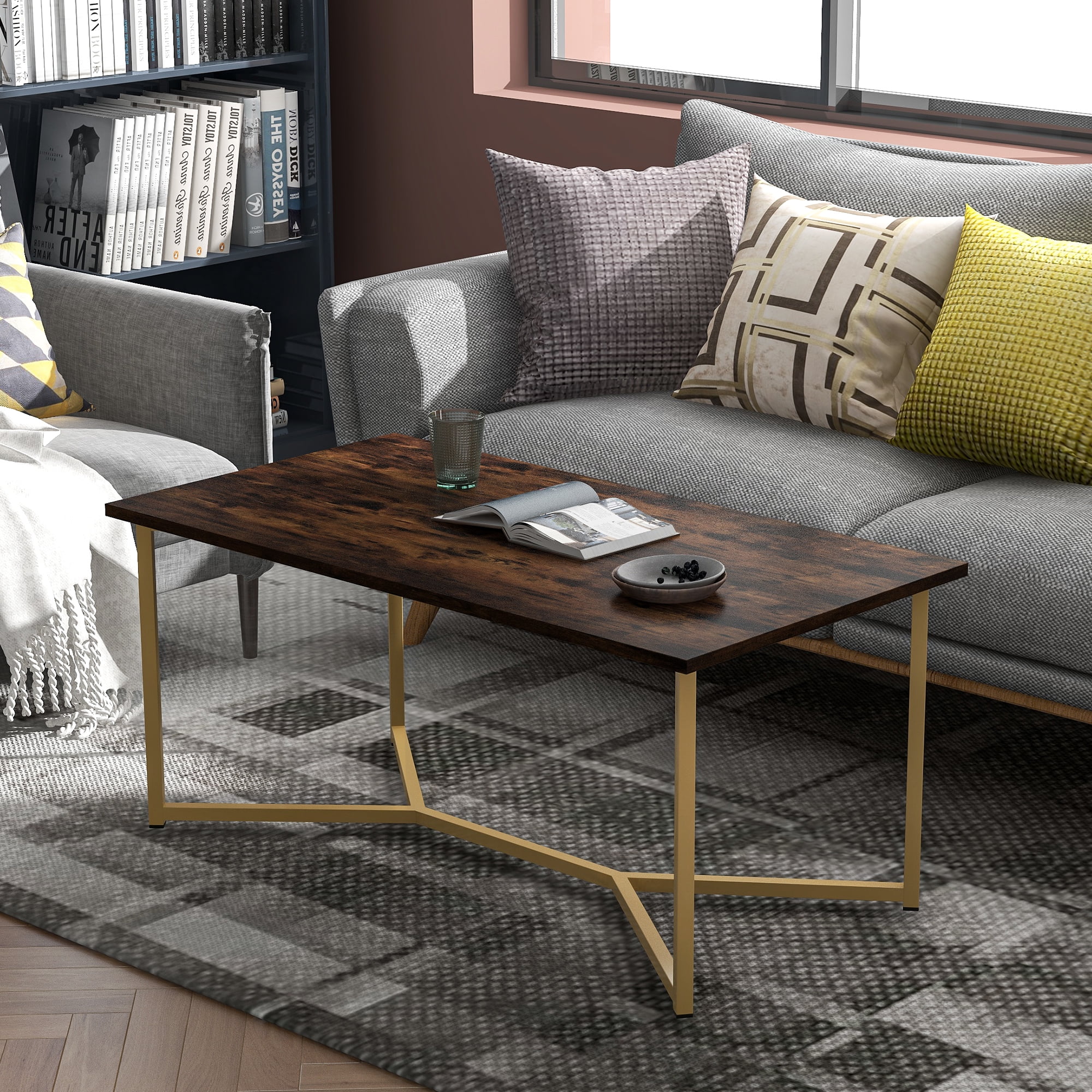 Private Jungle Modern Gold Rectangle Wooden Coffee Table,Living Room Accent Ottoman Storage Shelf Stylish X-leg base,Tiger Color Private Jungle Modern Gold Rectangle Wooden Coffee Table,Living Room Accent Ottoman Storage Shelf Stylish X-leg base,Tiger Color
