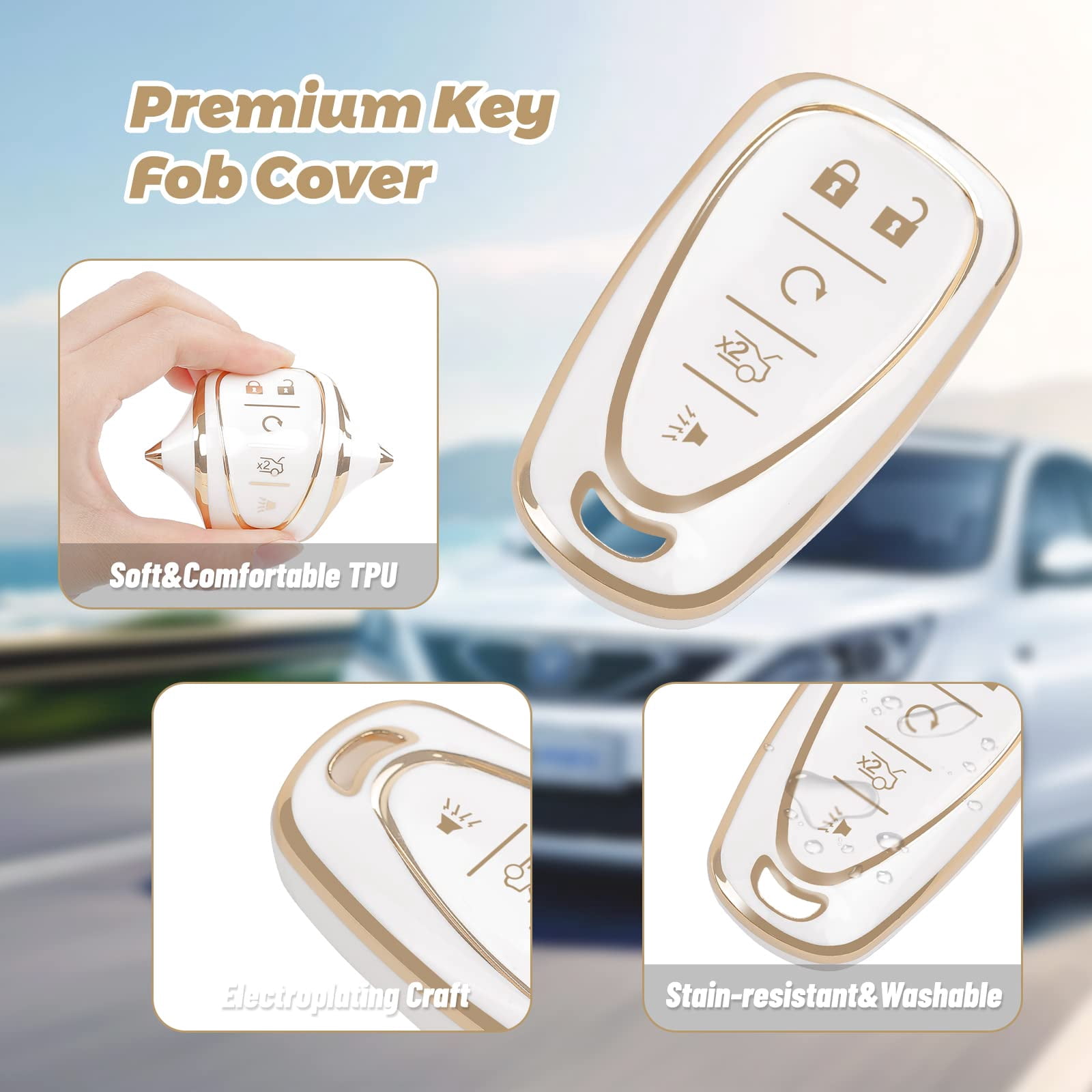 Key Fob Cover with Leather Kaychain, Stylish TPU Key Fob Shell for 2016-2025 Equinox Malibu Camaro Blazer Traverse Trailblazer 5 Buttons Smart Key for Men Women