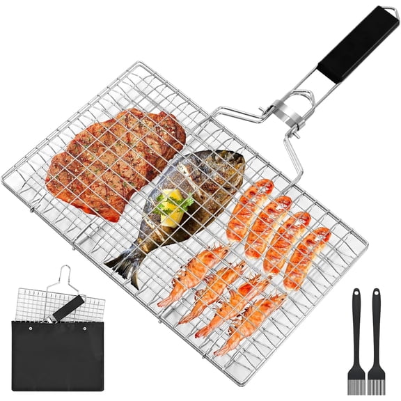 USIONE Folding Fish Grill Basket, Stainless Steel Portable BBQ Grilling Rack with Storage Bag & 2 Basting Brushes for Veggies Shrimp Meat