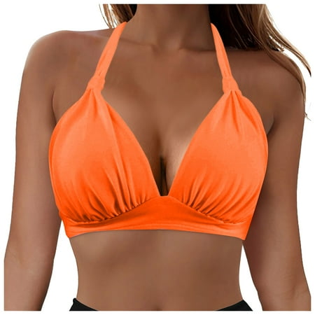 adviicd Women s Underwire Bikini Tops V Neck Halter Swim Top Push Up Criss Cross Bathing Suit Top Only Orange S