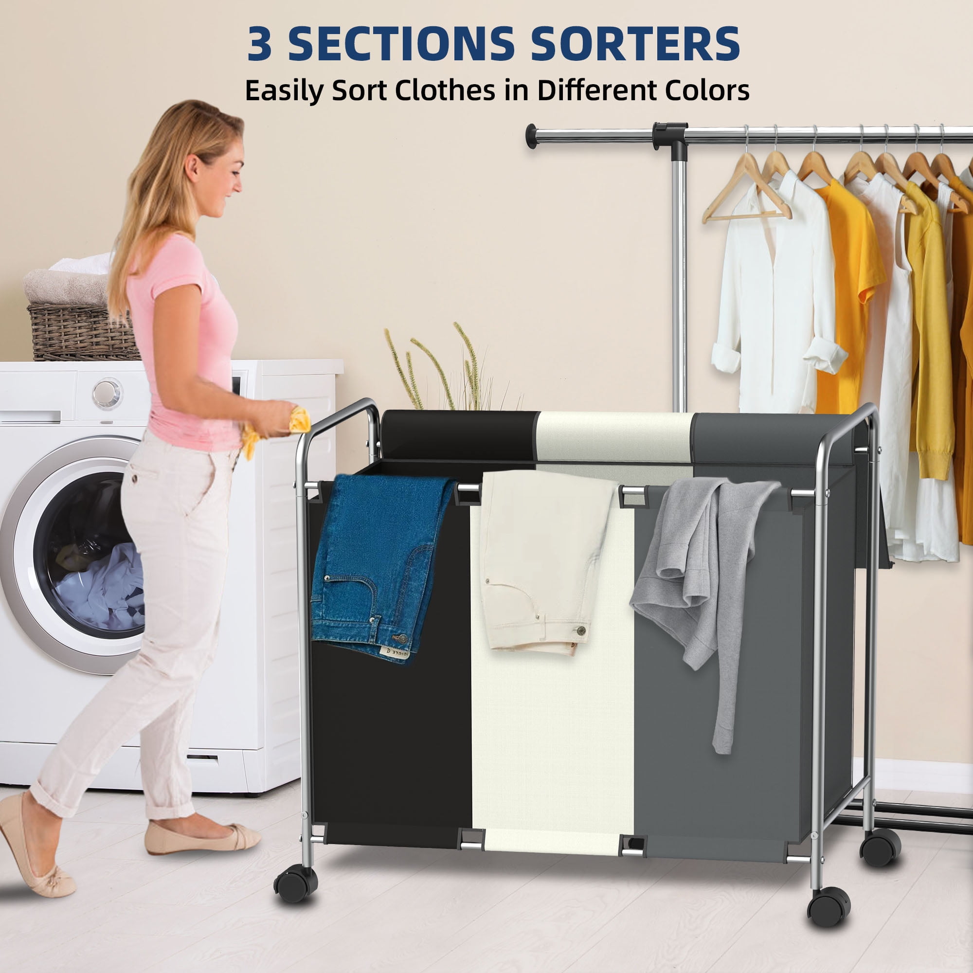 Nefoso 3 Section Laundry Hamper with Lid and Wheels, 150L Large Laundry Basket Sorter Cart with Handle, Clothes Storage, Multicolor