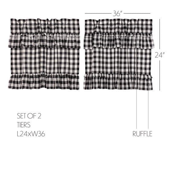 VHC Brands Annie Buffalo Check Curtain, Tier Pair 24x36, Black, 2 Pieces