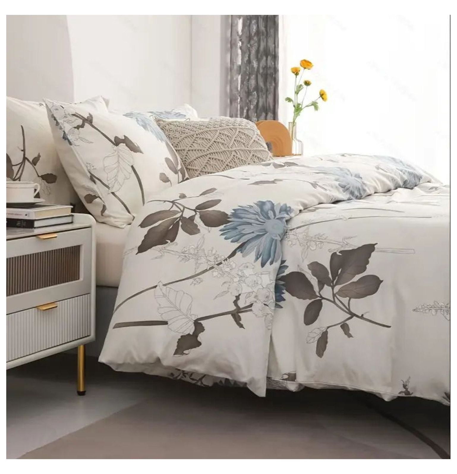 Floral Duvet Cover Queen Size - Big Flower Pattern Comforter Cover Set - 100% Cotton Queen Duvet Cover - Shabby Chic Bedding for Women Girls - Soft Breathable Bed Cover
