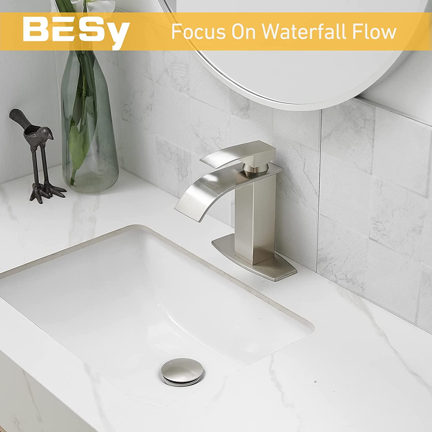 Brushed Nickel Waterfall Bathroom Vanity Sink Faucet with 6" Deck Plate for 1 or 3 Hole