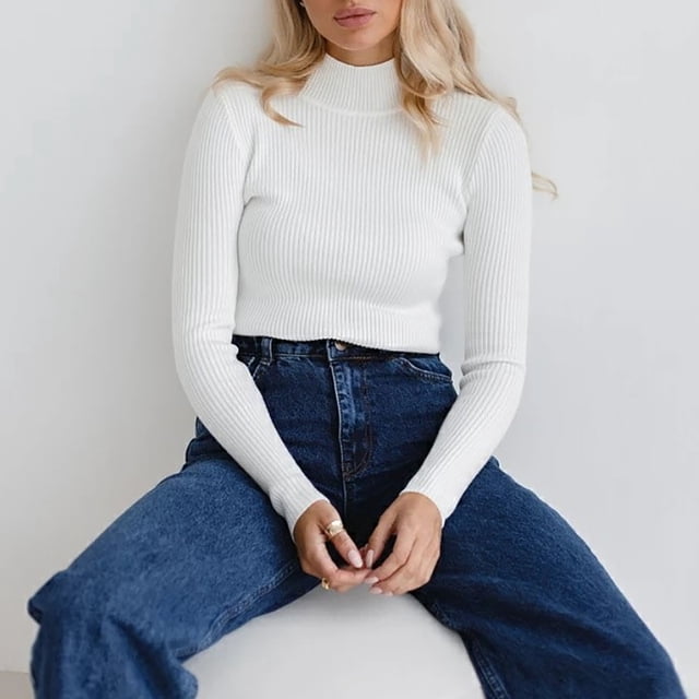 VgaVtl Ladies Sweaters Long Sleeve Turtleneck Fall Sweaters Women Plus White Solid Color Layering Knit Slim Sweaters