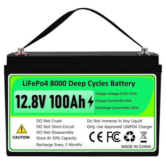 LiFePO4 Lithium Battery 12V 100AH – 1280WH Capacity, 8000 Cycles, 10 Year Lifespan, BMS for RV/Trolling Motor/ Boat/Off-Grid Cabin
