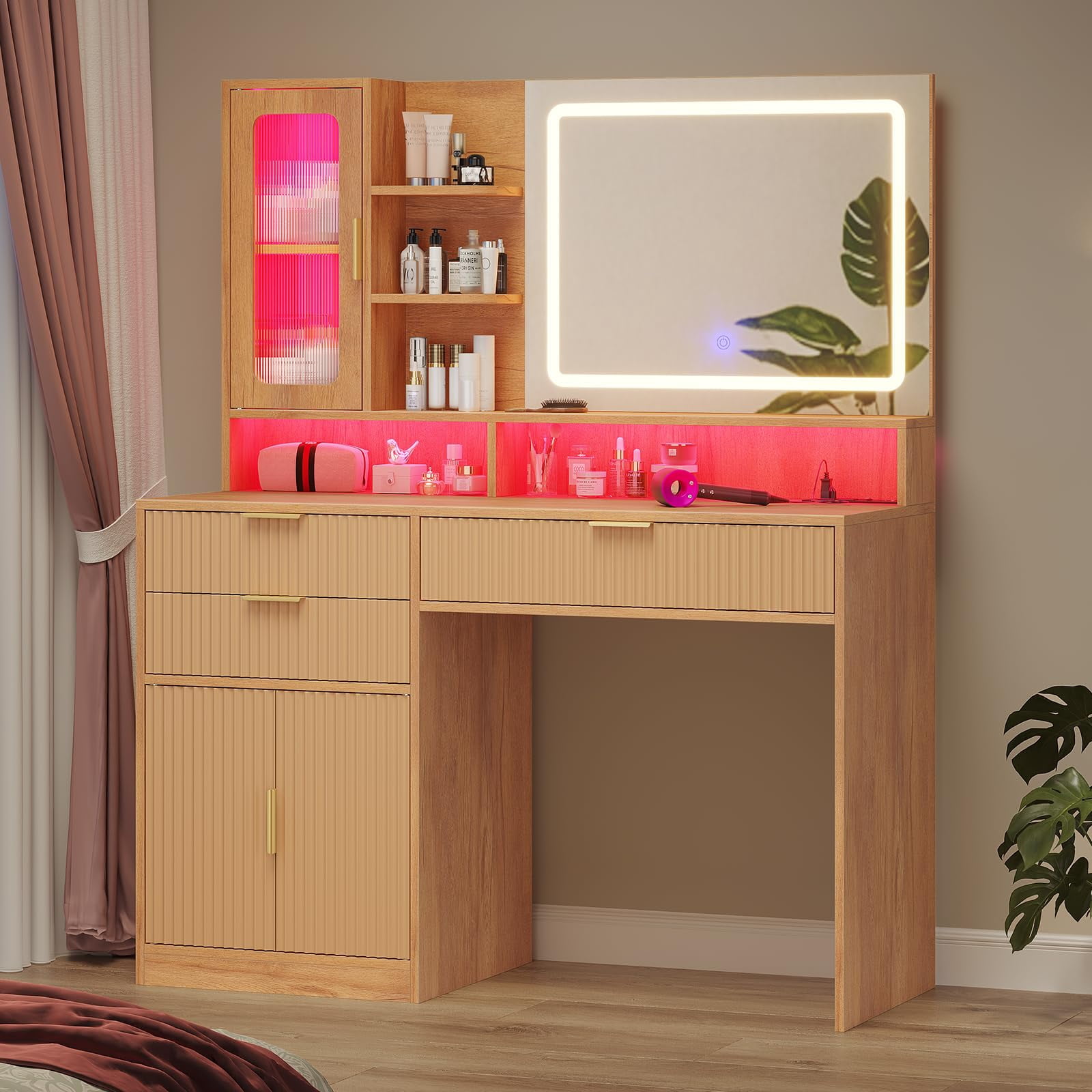 Fluted Makeup Vanity Desk with Touch Screen Mirror and Lights, Wood Vanity Table with Charging Station & LED Lights, with 3 Drawers & Cabinet & Shelves, Oak