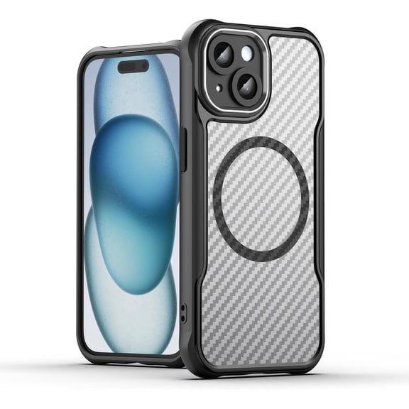 for iPhone 15 Case,[Compatible with Magsafe] [Enhanced Camera Protection] Magnetic Slim Thin Translucent Carbon Fibre Texture Shockproof Protective Case Cover for iPhone 15, Black