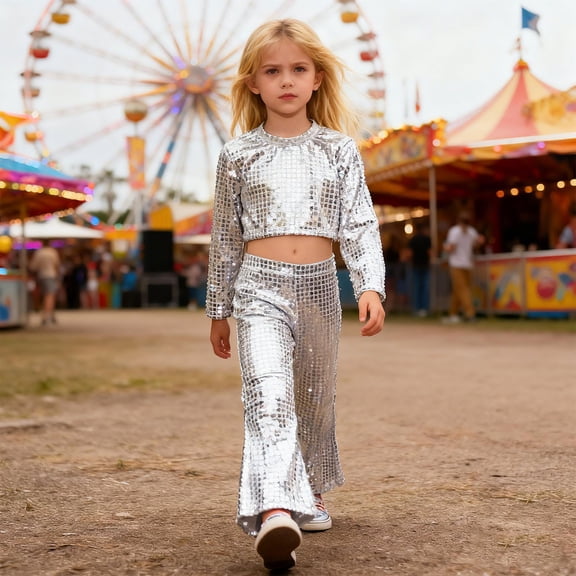 SONGGE Toddler Girls Glitter Sequin Party Performance Outfit Sets Two Piece With Round Sequins Tops And Flared Pants For Stage Shows Cartoon Breathable Clothes Sets