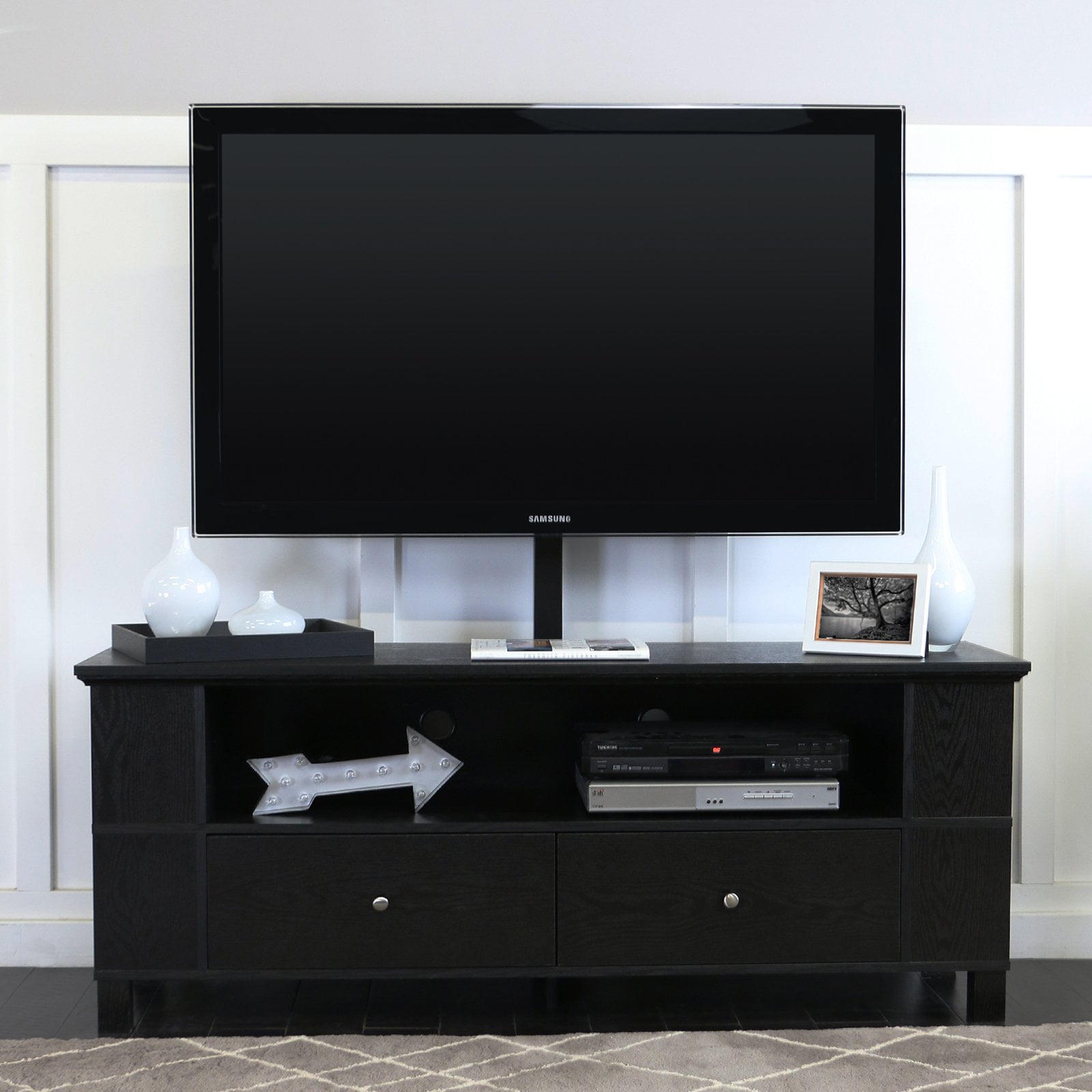 Walker Edison Black Wood TV Console with Mount and MultiPurpose