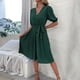 thumbnail image 4 of Vestido de verano con cuello en V para mujer, vestido plisado con cinturón, informal, elegante, a la moda, de Color puro, para fiesta, 4 of 8