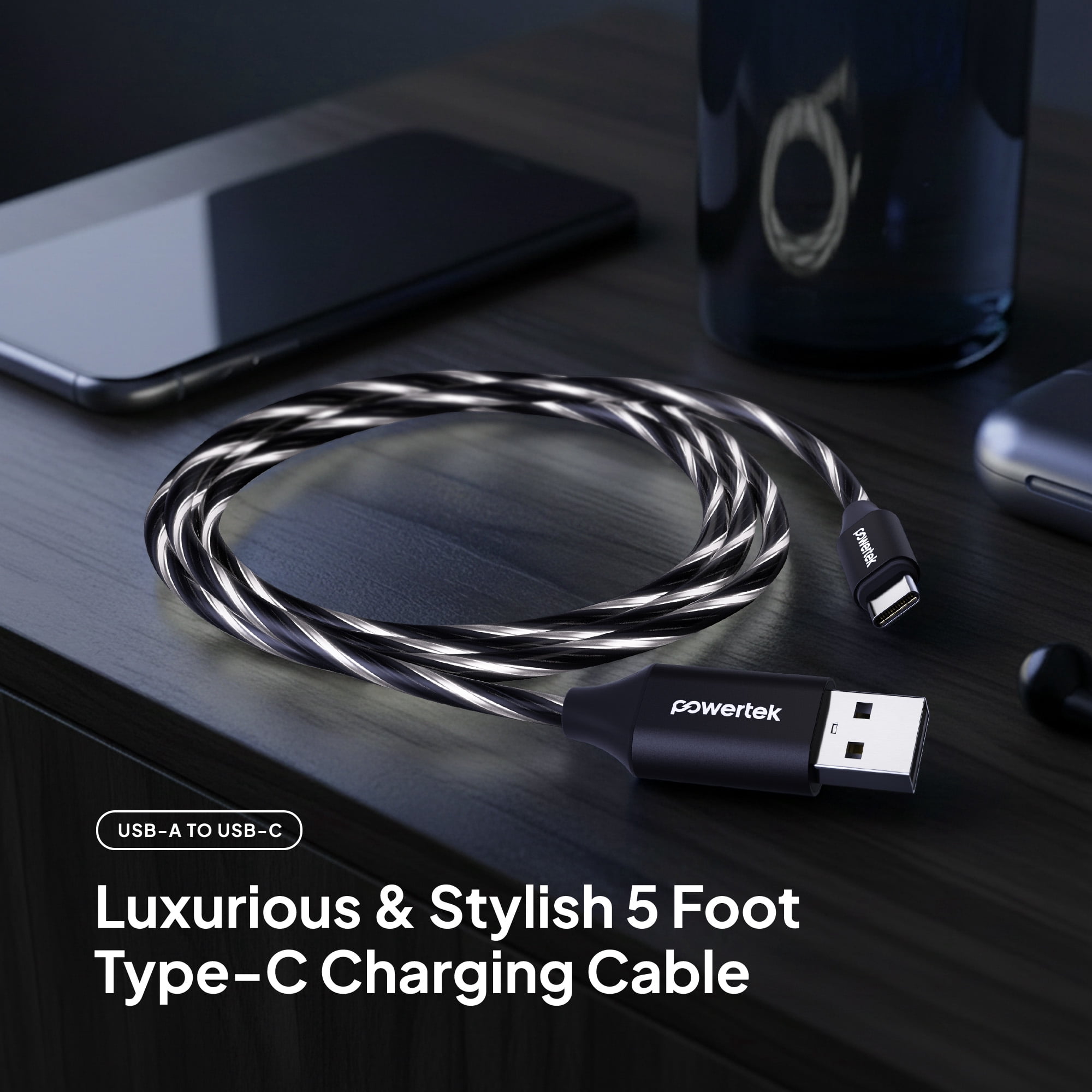 Powertek Light-Up USB-A to USB-C Charging Cable, 5 ft, Black