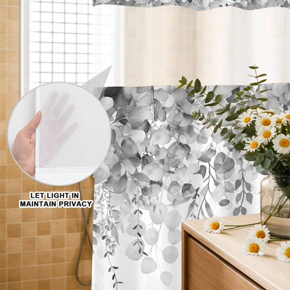 No Hook Shower Curtain with Built-in Rings - Watercolor Gray Eucalyptus Washable Waterproof Fabric Bathroom Curtains for Hotel,Rentals, 66 X 72 Inch Long , Botanical Floral Leaf