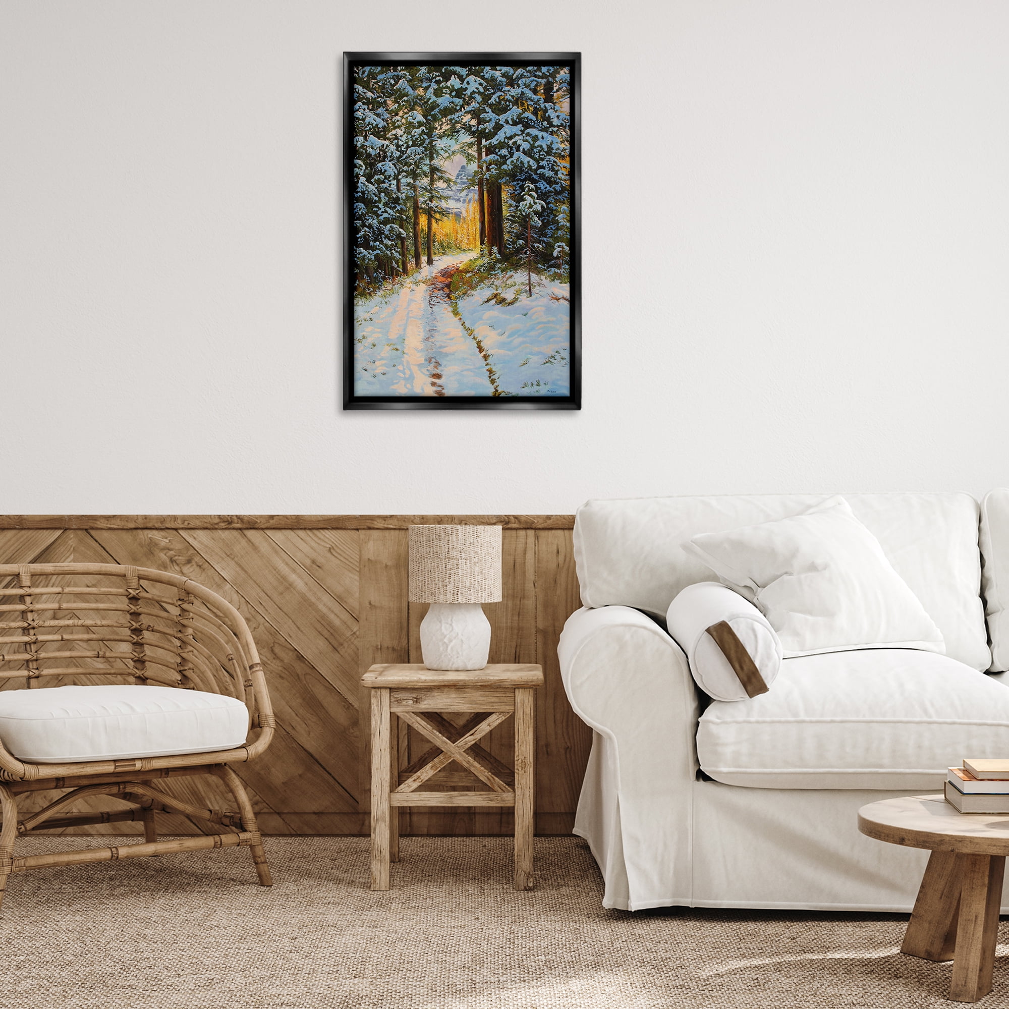 Stupell Industries Snowy Forest Trail Landscape & Nature Painting Black Floater Framed Canvas Art Print Wall Art, 21 x 31