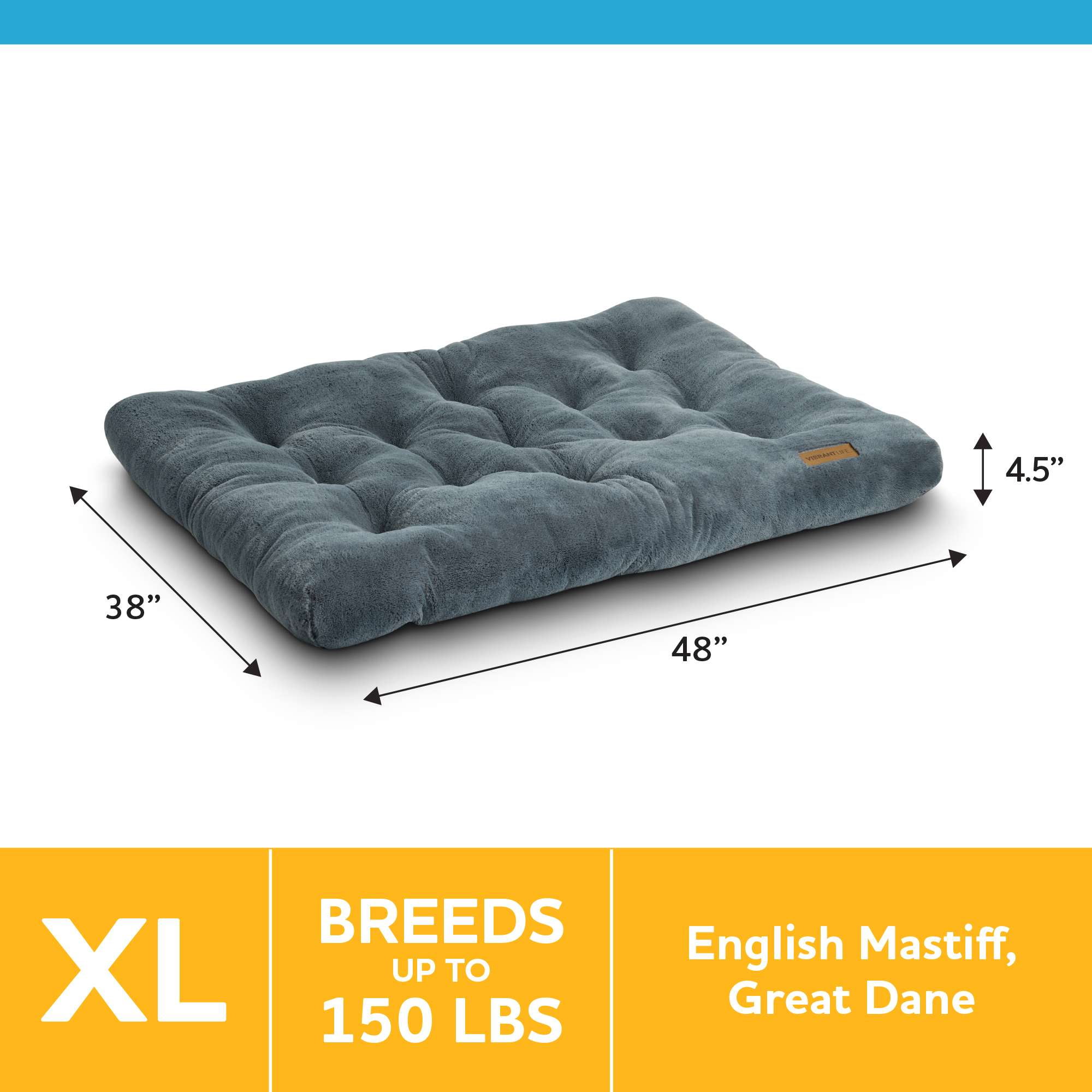 Vibrant Life Extra Large Dog Bed, Plush Pillow Bed for Large Dogs, Extra Large, 38" x 48", Grey