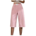 thumbnail image 3 of BiZtdJrK Cropped Trousers for Women 2025 Summer Capri Pants Casual Elastic Waist Wide Leg Pants Solid Plus Size Ribbed Capris with Pockets Today's Sales of the Day Pink L, 3 of 4